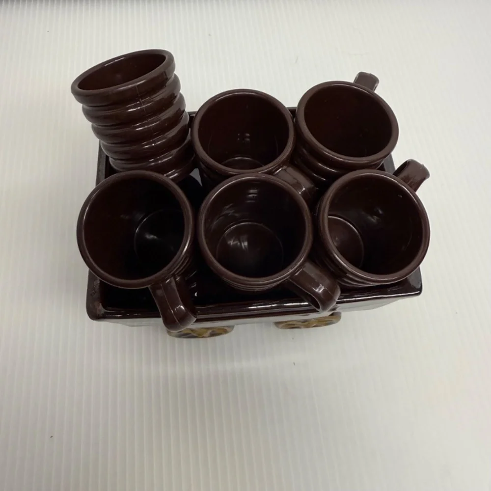 Vintage Ceramic Brown Train Engine Whiskey Decanter W/ Tank Car & 6 Shot Glasses